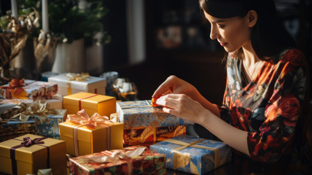 a young mom wrapping gifts with colorful paper and ribbons on a wooden table in natural sunlight.High resolution AI generatedの素材