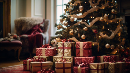 a Christmas tree with presents under it in a living room setting.High resolution AI generatedの素材