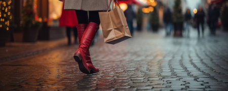 a women shopping in a coat and red boots walking on a cobblestone street with shopping bags in hand.High resolution AI generatedの素材