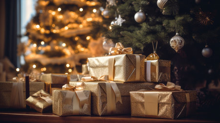 Christmas tree with presents underneath it in a cozy living room with a warm fireplace.igh resolution AI generatedの素材