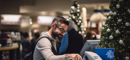 a man at a checkout counter in a store during the holiday season.High resolution AI generatedの素材
