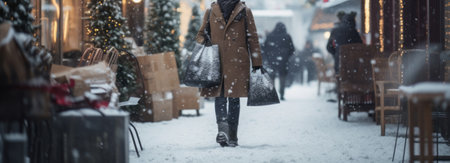a person walking in a snowy street with shopping bags during Christmas time.High resolution AI generatedの素材