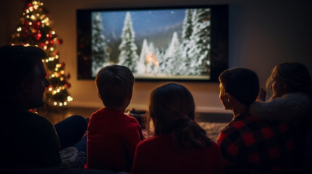 Family watching a Christmas movie together in a cozy living room decorated with a lit Christmas tree during the holiday season.High resolution AI generatedの素材