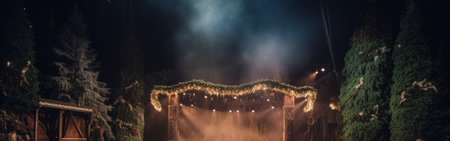 A magical outdoor night event with illuminated stage surrounded by dark trees and mist creating a mystical atmosphere.High resolution AI generatedの素材