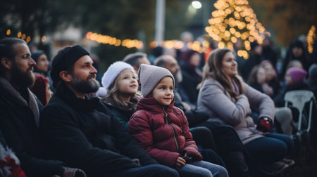 People gathered outdoors during evening with illuminated trees, likely attending an event, wearing winter clothing indicating cold weather.High resolution AI generatedの素材