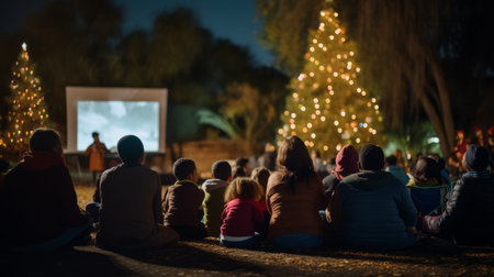 People watching a film outdoors at night surrounded by illuminated trees capturing the essence of a community movie night under the stars.High resolution AI generatedの素材