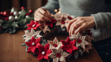 A person is arranging a festive Christmas wreath made of red and white flowers handmade crafts process High resolution AI generatedの素材