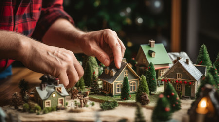 Christmas village miniature houses trees festive holiday season Housing project plan model High resolution AI generatedの素材