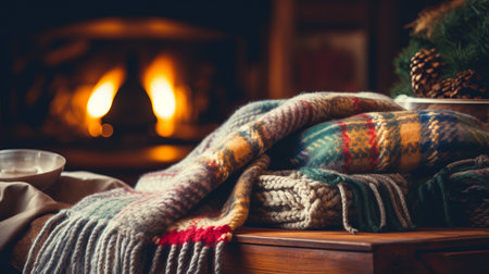 Fireplace blanket cozy warm winter comfort home hearth High resolution AI generatedの素材