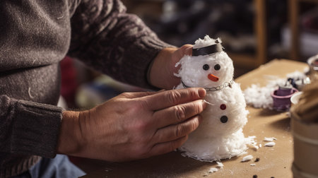 Snowman crafting hands winter holiday spirit buttons black hat winter hobby activities High resolution AI generatedの素材
