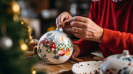 Women decorating white Christmas ornament colorful holiday designs strong independent woman side hustle High resolution AI generatedの素材