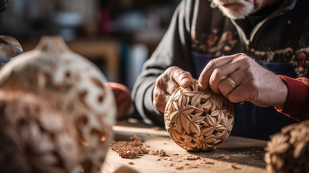 A skilled craftsman is meticulously carving intricate designs into a wooden sphere in a well-equipped woodworking shop High resolution AI generatedの素材
