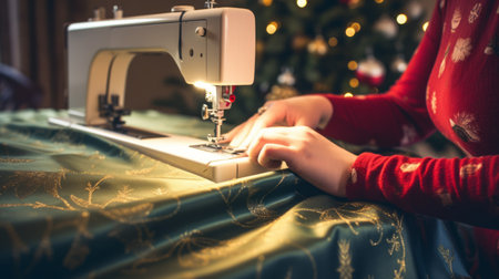 Women is sewing festive fabric with a sewing machine near a decorated Christmas tree Profitable Side hustle High resolution AI generatedの素材
