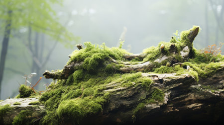 Mossy log in misty forest creating serene and mystical scene High resolution AI generatedの素材