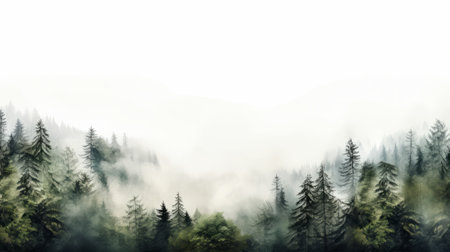 A misty forest with fog enveloping the trees creating a serene and mystical atmosphere High resolution AI generatedの素材
