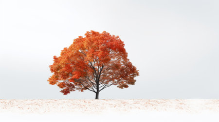 A solitary vibrant red-orange tree stands in a snowy landscape against a pale sky, symbolizing the transition from fall to winter. High resolution AI generatedの素材