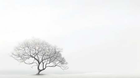A solitary bare tree stands in a serene, snowy landscape High resolution AI generatedの素材