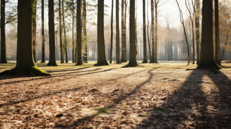 Sunlight filters through tall trees casting shadows on a forest floor with fallen leaves High resolution AI generatedの素材