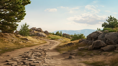 A serene mountain trail with rocks, trees, and a clear sky leading towards distant mountains High resolution AI generatedの素材