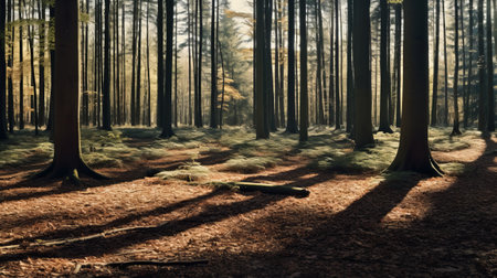 Sunlight filters through tall trees in a peaceful forest highlighting the green moss and creating beautiful shadows on the forest floor. High resolution AI generatedの素材