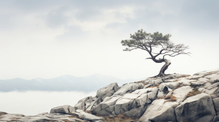 A solitary tree stands resiliently on rocky terrain, with a backdrop of misty mountains High resolution AI generatedの素材