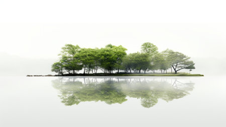 peaceful scene of trees on an island reflected perfectly in the calm water surrounded by mist. High resolution AI generatedの素材