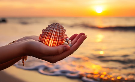 a hand holding a seashell against a breathtaking sunset,AI generatedの素材