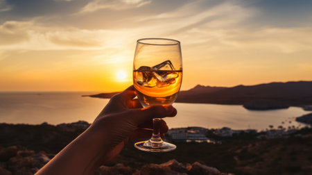 a golden sunset a hand holding a glass of beer reflecting sunlight vacation trip travel AI generatedの素材