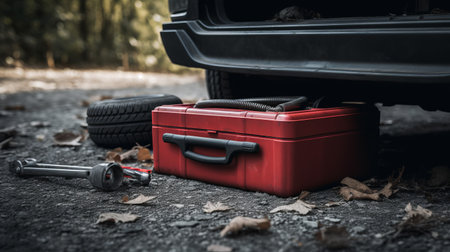 roadside tire change tools and spare tire ready. self-reliance and problem-solving AI generatedの素材