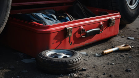 roadside distress a red toolbox spare tire and lug wrench car repair or maintenance.AI generatedの素材