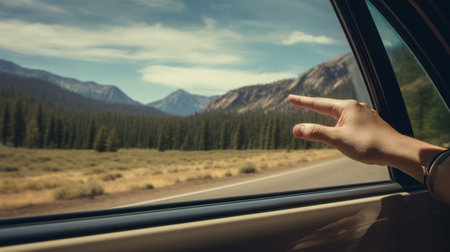 road trip moment, hand breezing through the wind with mountains, forests under the vast sky. Freedom exploration AI generatedの素材