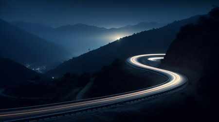night view with light trails on a mountain road AI generatedの素材