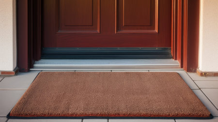 A welcoming entrance with a clean doormat in front of a closed elegant wooden door.AI generatedの素材