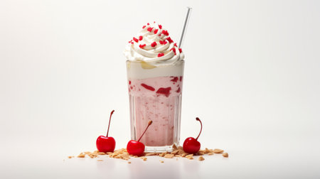 a creamy milkshake topped with whipped cream, sprinkles, cherries fast food dessert.isolated on white AI generatedの素材