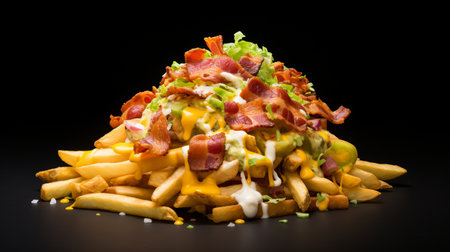 fast food dish fries with cheese, bacon, and garnishes instant gratification.on black background AI generatedの素材