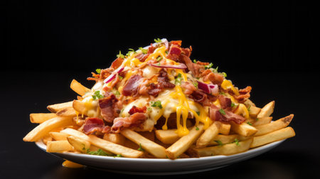 fries with cheese, bacon, and garnishes, a fast food indulgence.on black AI generatedの素材