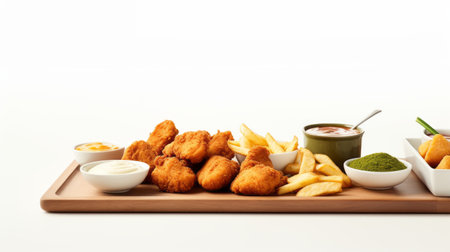 fast food set on white fried chicken, fries, and assorted dips, quick delicious and convenient eating. AI generatedの素材