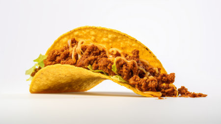 crunchy taco popular fast food with meat, cheese and lettuce. quick tasty convenience.isolated on white AI generatedの素材
