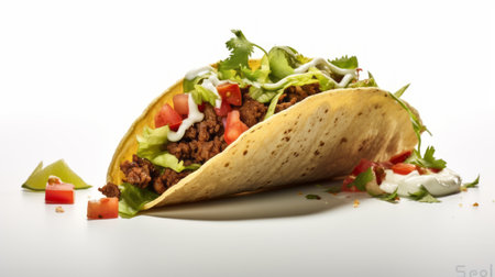 taco with meat, lettuce, tomato, and sauce on a white background. AI generatedの素材