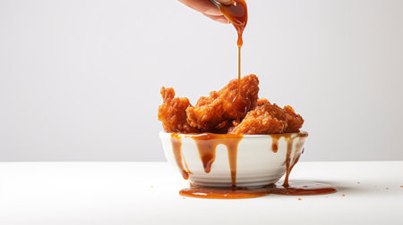 Crispy chicken wings being drenched in rich, glossy sauce quick, and convenient eating.isolated on white AI generatedの素材