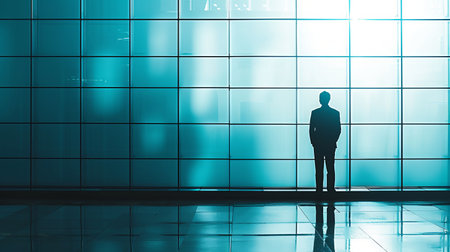 sad man with cold corporate building employees feel during layoffs. AI generatedの素材