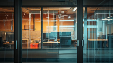 A modern office interior with computers, chairs, and tables visible through glass doors.
AI generatedの素材