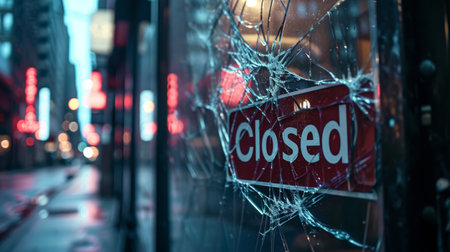 A closed sign through a break glass door on street at night. AI generatedの素材