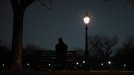 A depression man sits alone on a park bench at night with nearby street lamp. AI generatedの素材