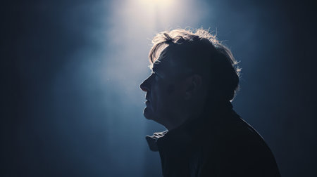 an sad old man against bright light facing mental illness, alzheimer, dementia, depression, grief AI generatedの素材