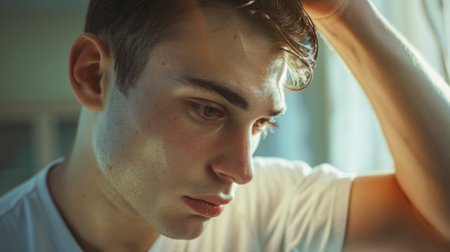 A distress man hair loss in his early 20s hand on head with worry face AI generatedの素材