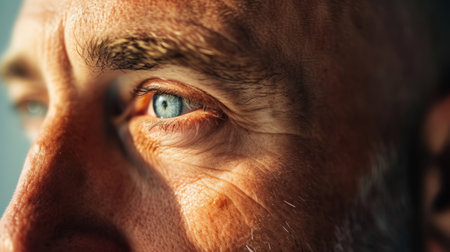 A close-up of an old man eye with details wrinkles, eyelashes, and the vibrant iris. AI generatedの素材