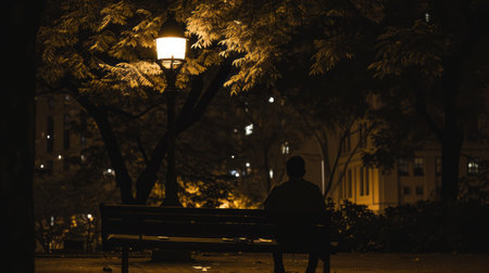 a man sits alone on a park bench at midnight with street lamp. AI generatedの素材