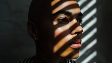 A bald african women with light and shadows from blinds AI generatedの素材