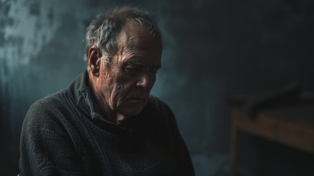 An old man in a dark room facing mental illness, alzheimer, dementia, depression, grief AI generatedの素材